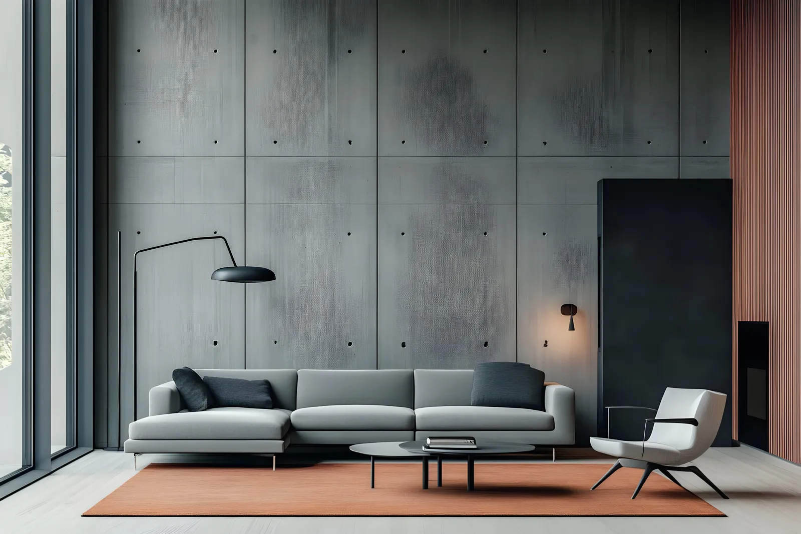 Living room with a full-height wall of large grey concrete panels with fixing holes, a grey sofa and a rust rug