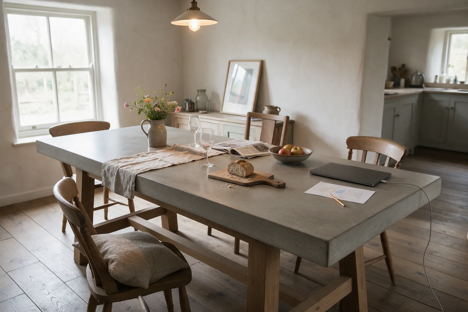 Warm grey concrete dining table top on an oak trestle base in a kitchen-diner, with a linen runner and bread board