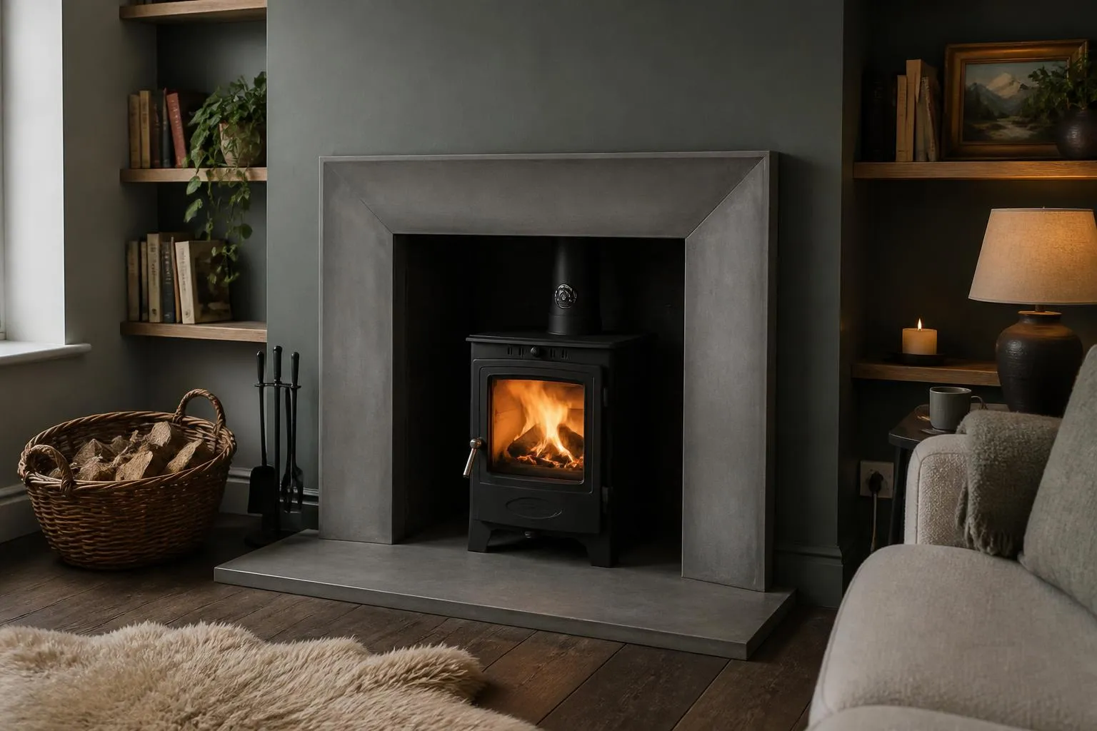 Pale grey concrete fireplace surround and hearth around a lit wood burner, with book-lined alcoves either side