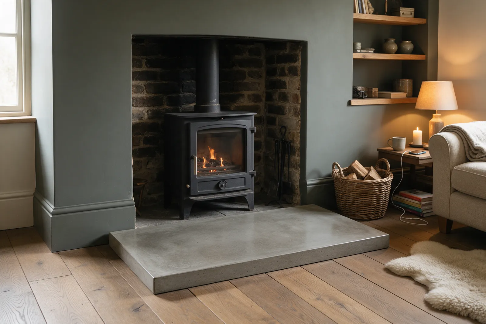 Mid-grey concrete hearth slab in front of a black wood burner, with oak floorboards, a log basket and a sheepskin rug