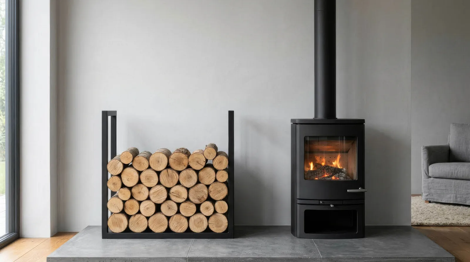 Wide grey concrete hearth slab under a black wood burner, with a stacked log store beside it