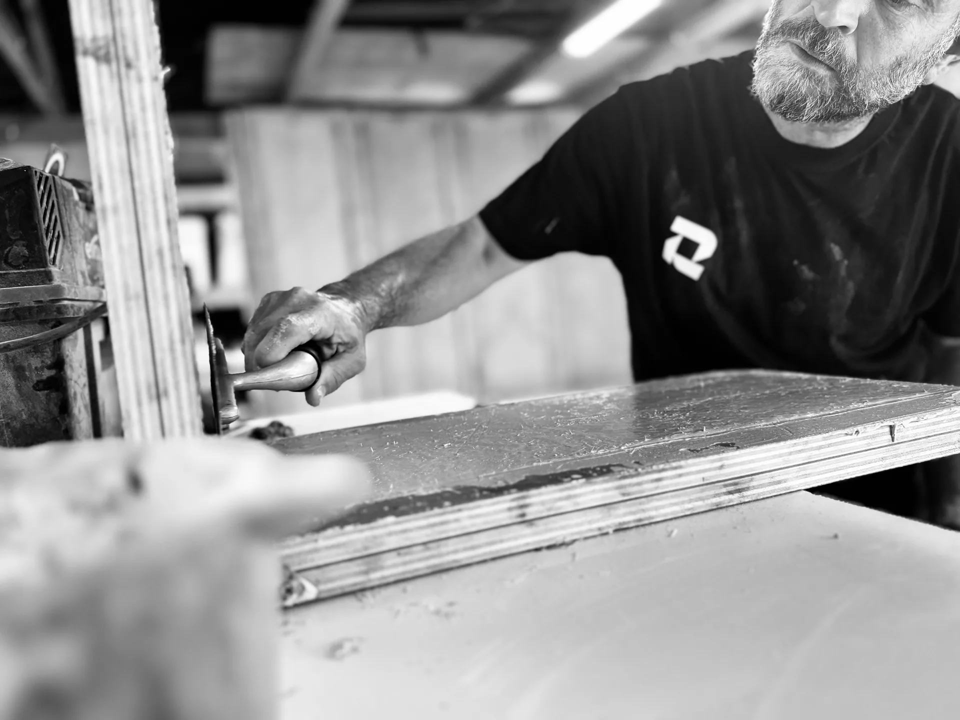 Cutting a cast concrete panel on the bench at the ROKA Studio workshop