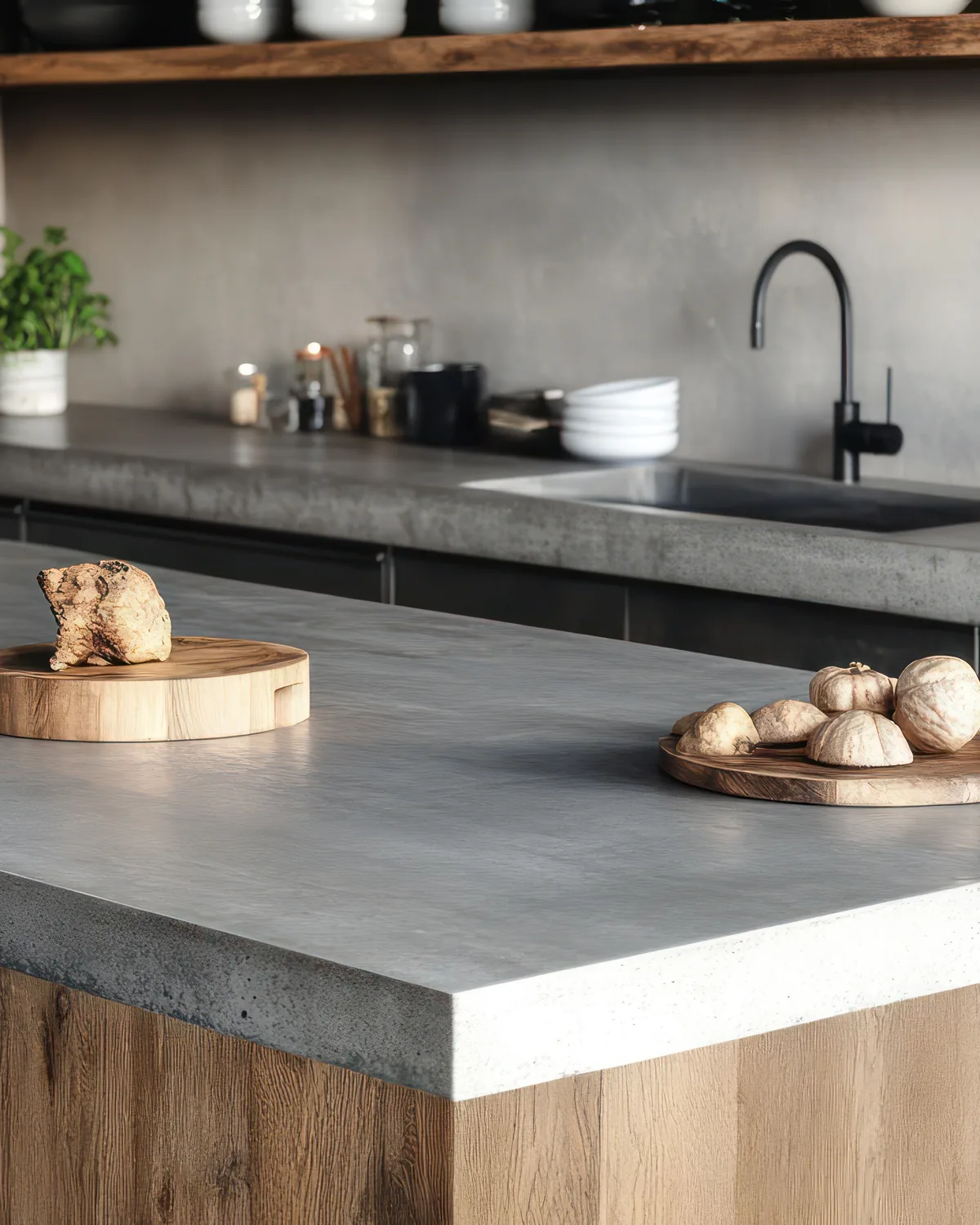 Polished concrete kitchen island and worktop cast by ROKA Studio