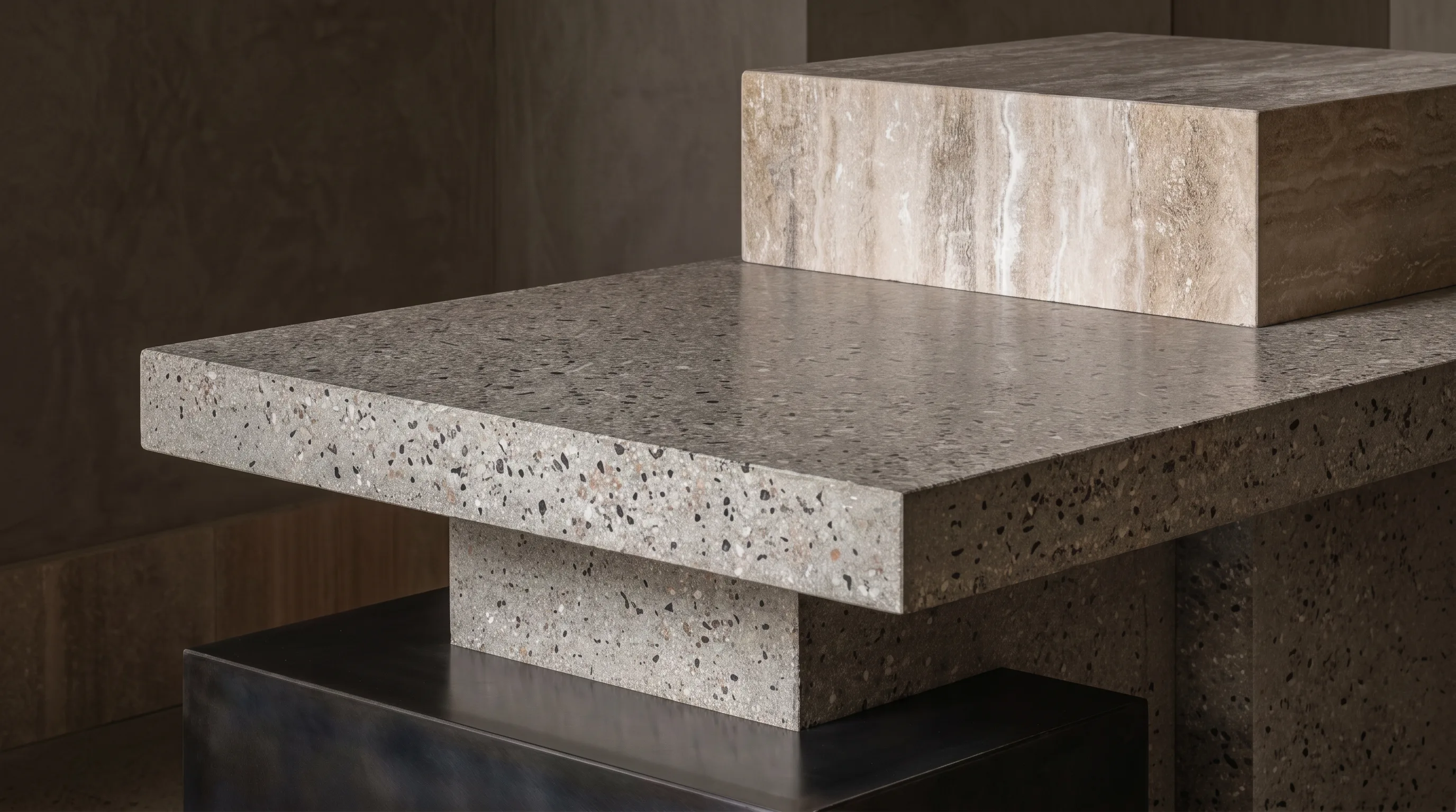 Stacked cast concrete slabs showing polished aggregate and stone-effect finishes