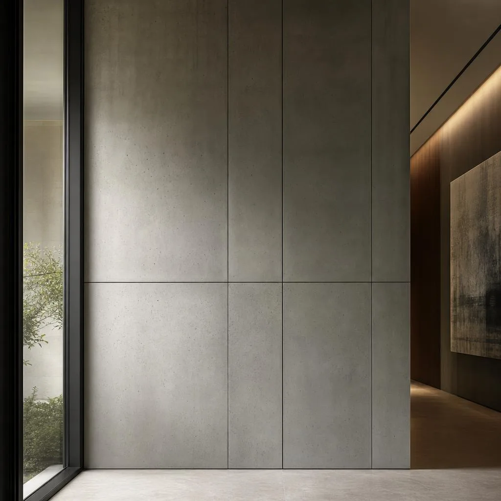 Large-format concrete wall cladding panels in a contemporary interior