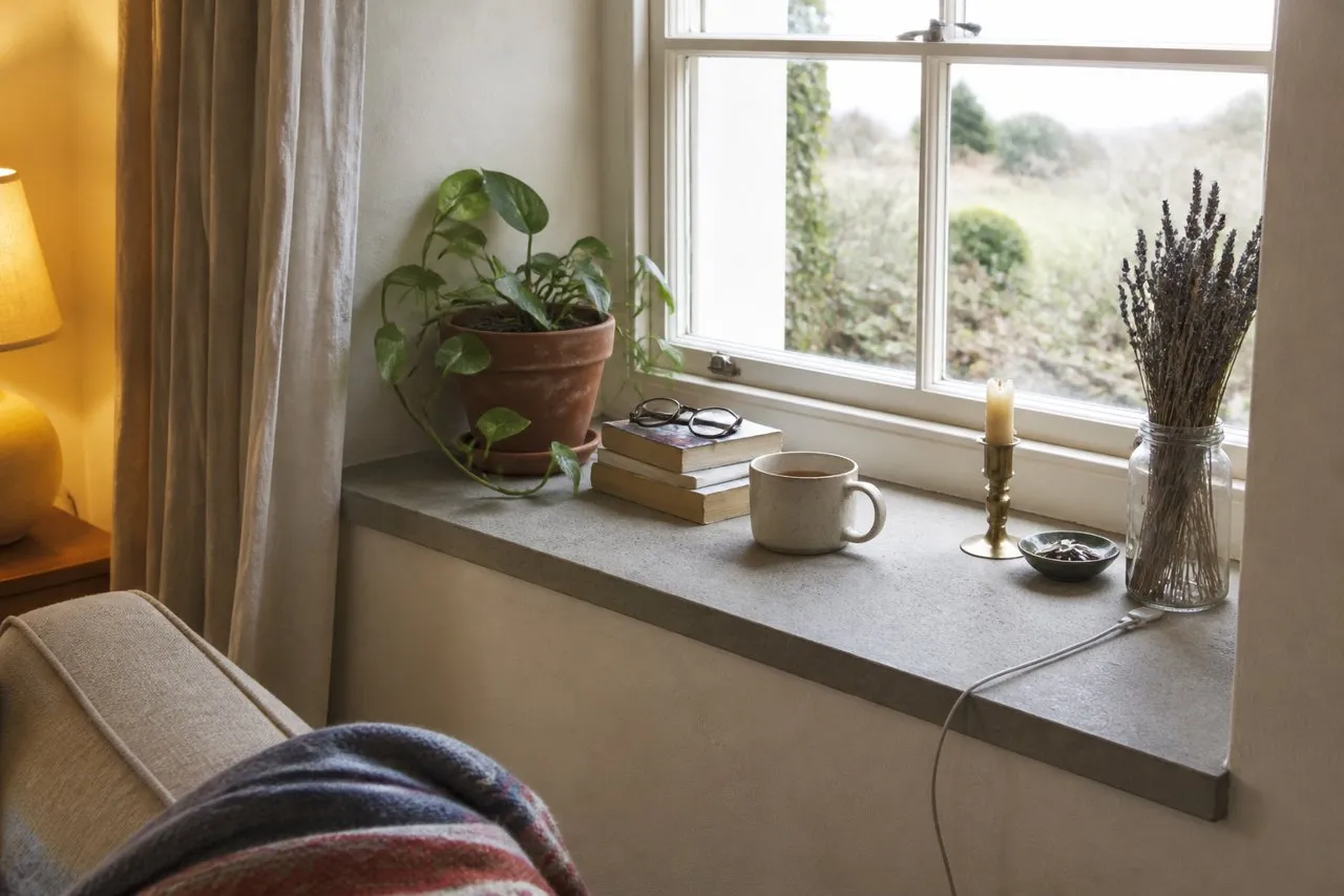 Warm grey concrete window sill in a cottage sash window