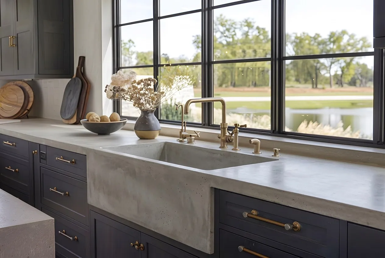 Concrete kitchen sink cast in one with the worktop, its front flush with the edge, over dark cabinets