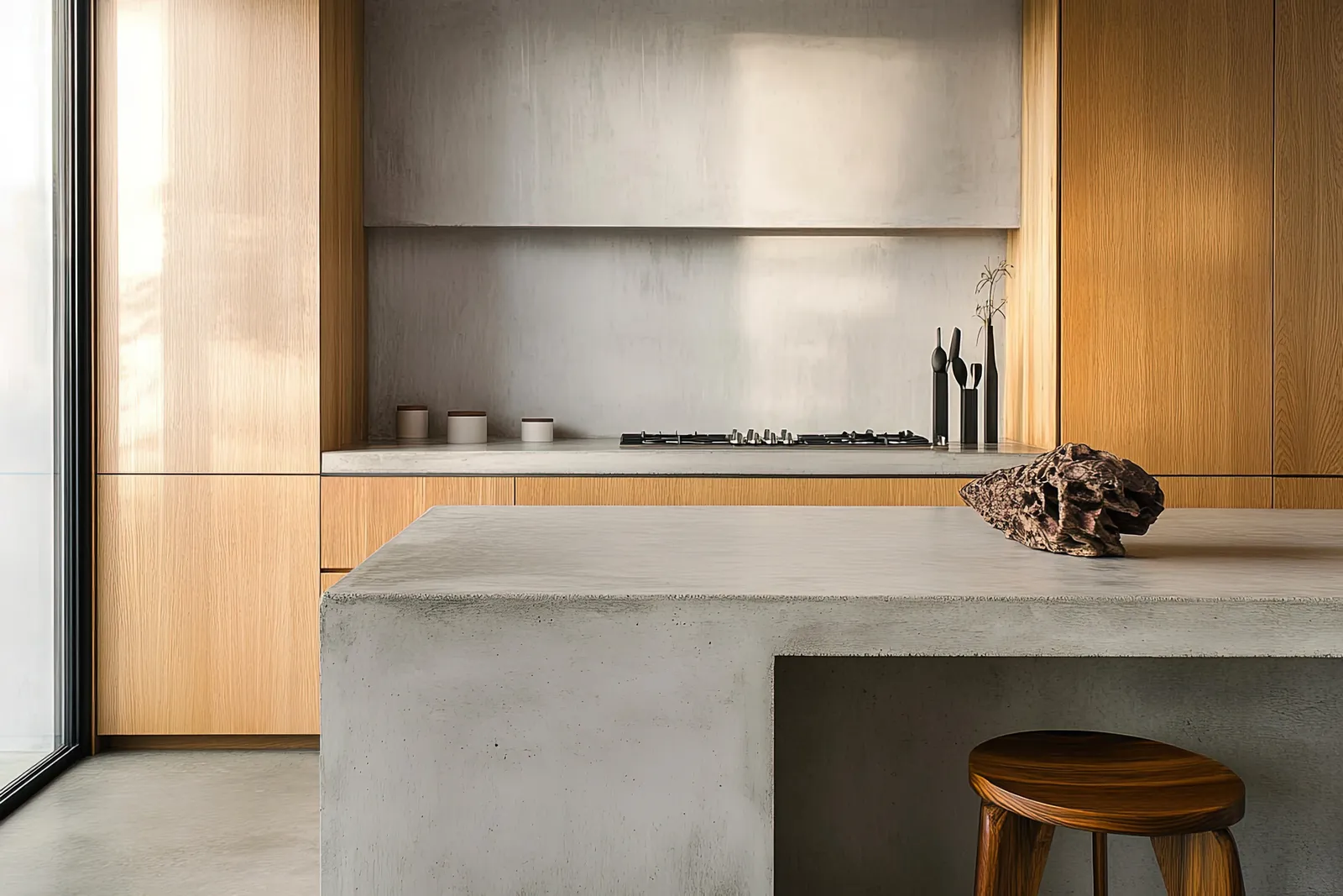 Pale concrete worktop and splashback over oak cabinets, with a timber stool